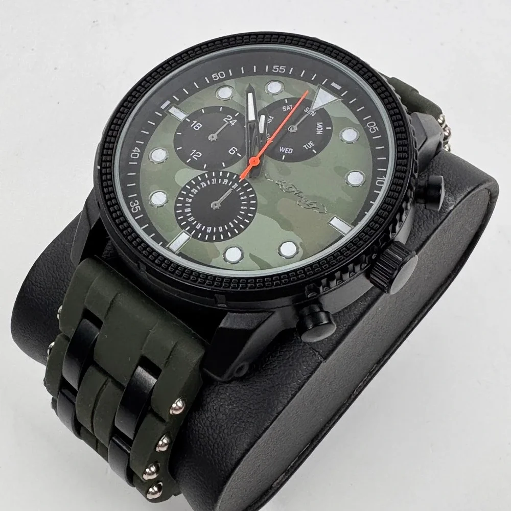 Ed Hardy Mens Camouflage Dial Watch Black Case Green Studded Silicone Band 50444